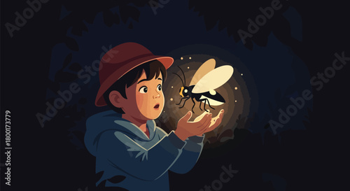 Captivated boy observing a glowing firefly in an enchanting nocturnal illustration