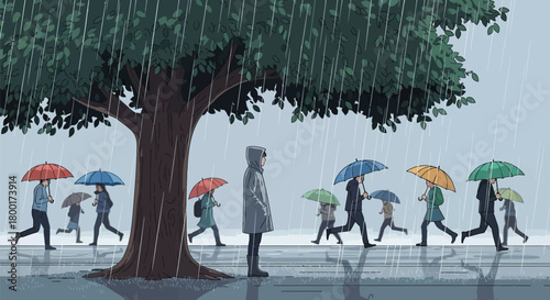 Contemplative figure watching commuters in a rainy urban landscape, near the tree