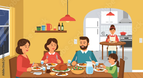 Family gathered around the dining table enjoys a festive Thanksgiving dinner