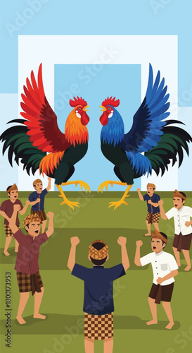 Colorful rooster competition illustration with cheering crowd spectators