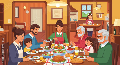 Warm family thanksgiving dinner gathering in a cozy home illustration