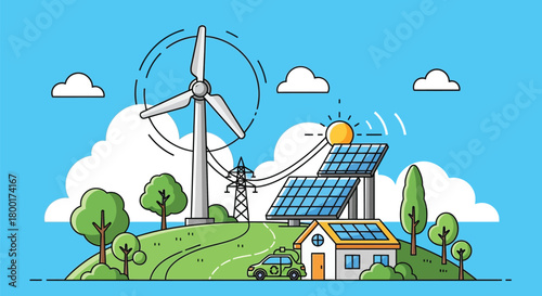 Cartoon illustration of sustainable energy landscape with wind turbine and solar panels