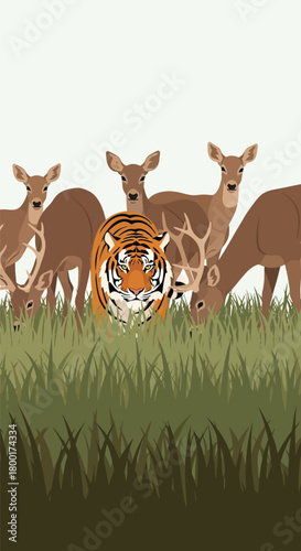 Majestic tiger among grazing deer in grassy field digital illustration
