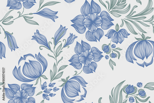 Vintage floral ethnic tapestry modern embroidery texture boho design vector illustration hand drawn silhouette indigo blue flower motif branches leaves wallpaper seamless background border.	
