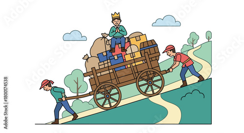 Cartoon illustration depicting inequality: a king rides a cart pulled by workers