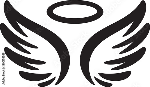 A stylized black silhouette of angel wings with a halo above them on a textured white background.