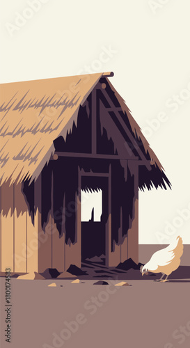 Rustic Barnyard Scene featuring Weathered Shack and a foraging Chicken