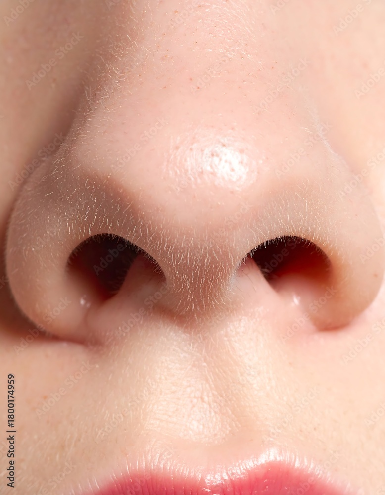 Fototapeta premium Close-up of a human nose, nostrils visible, against a skin backdrop