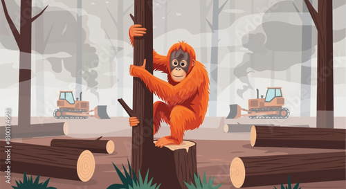 Orangutan clinging to a tree with deforestation destruction in background