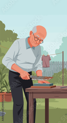 Artistic depiction of an elderly man sharpening a knife outdoors during day
