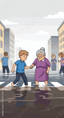 Young man helping elderly woman through flooded city street cartoon illustration