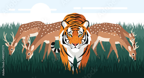 Striking Tiger Encounter with Grazing Deer in a Serene Meadow Setting