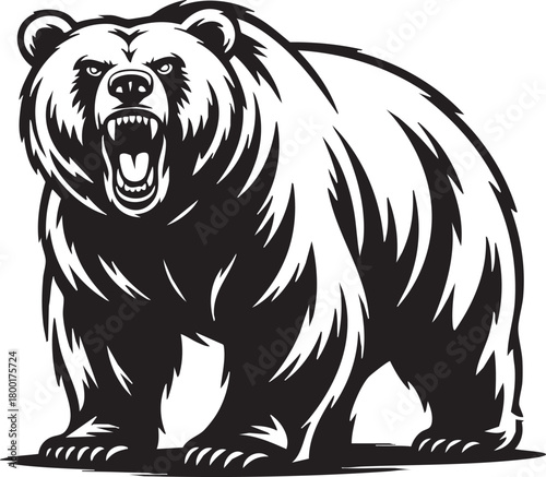 A powerful, detailed black and white illustration of a grizzly bear with an aggressive stance and bared teeth.