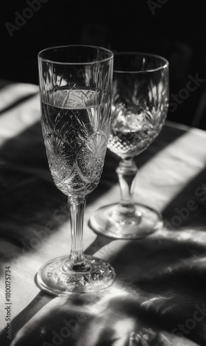 Crystal Glasses Filled With Water on a Table Casting Shadows in Soft Light