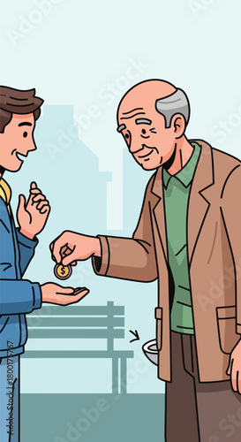 Generosity and Compassion: Young Man Giving Alms to Elderly Person
