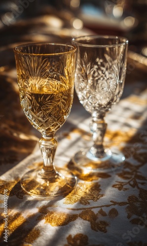 Elegant Crystal Glasses on a Table Reflecting Sunlight in a Warm Setting