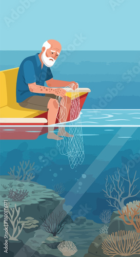 Pensive elderly fisherman mending his net on a boat above coral reef