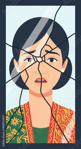 Fragmented reflection: A woman's portrait behind shattered glass panel