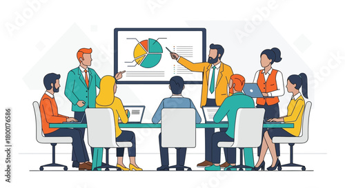 Business presentation by male speaker with multi-ethnic team members