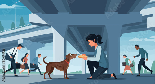 Kindness in the City: Woman Sharing Food with a Stray Dog Beneath Overpass