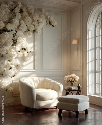 Beautiful Interior With Plush Chair and Flower Wall Bathed in Soft Sunlight D...
