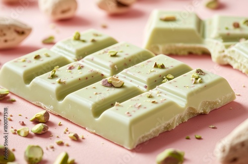 Creamy Pistachio Chocolate Bar on Light Pink Background With Crushed Nuts