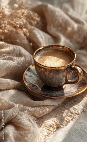 Enjoying a Warm Cup of Coffee on a Cozy Afternoon With Soft Fabrics and Dried...