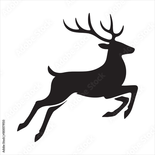 Leaping stag silhouette with majestic antlers, dynamic wildlife illustration, elegant black deer graphic, jumping reindeer icon, graceful animal design for winter and nature themes, white background