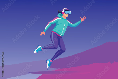 Virtual reality fitness experience concept woman running in metaverse wearing VR goggles for exercising and augmented reality training platform digital health and wellness technology illustration 