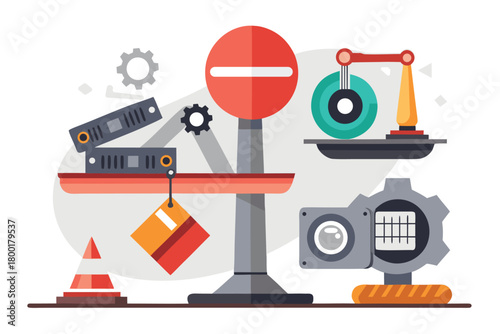 Industrial regulation and safety concept illustration featuring abstract machinery elements gears folders stop sign and construction cones symbolizing compliance restrictions organizational workflow 