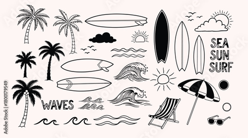 Hand drawn tropical beach summer vacation elements collection.