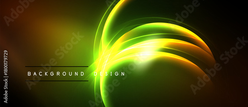 Bright abstract lines create dynamic energy. Vivid green, yellow, orange hues blend seamlessly. Modern design evokes futuristic feel.