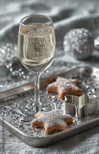 Sparkling Drink and Star-Shaped Cookies on a Silver Tray During a Festive Cel...