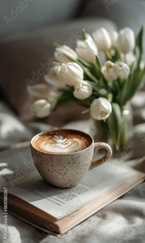 Cozy Morning With Latte Art and Fresh Tulips by the Window in a Warm Living S...