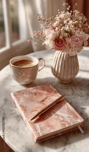 Cozy Coffee Scene With a Stylish Notebook and Fresh Flowers on a Marble Table