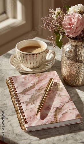 Cozy Coffee Scene With a Stylish Notebook and Fresh Flowers on a Marble Table