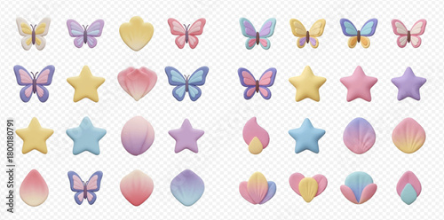 Collection of cute pastel 3D shapes including butterflies, stars, hearts, and floral elements on transparent background.