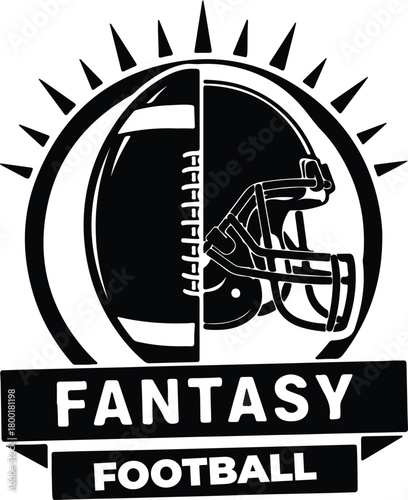 Bold black and white graphic illustration of a football helmet and ball with radiating sunburst and fantasy football text