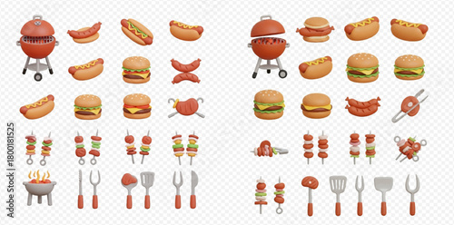 3D rendered collection of barbecue food items and grilling tools, including hot dogs, burgers, skewers, sausages, and a charcoal grill.