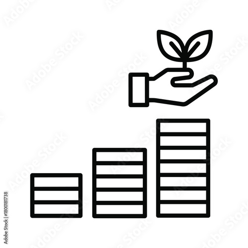 Hand nurturing plant above increasing money stacks for growth