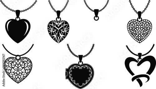 Collection of black heart shaped pendants on chains necklace jewelry