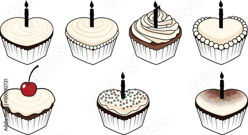 A delicious set of sweet chocolate cupcakes and cakes with white icing and a cherry, perfect for a birthday dessert illustration
