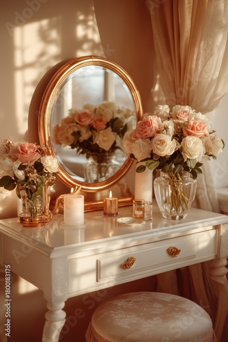 Elegant Vanity Table With Mirror and Floral Arrangement in Soft Evening Light