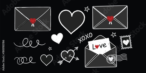 Playing cards icons set and vector illustration of a love letter envelope and a red heart message for Valentine's Day romance