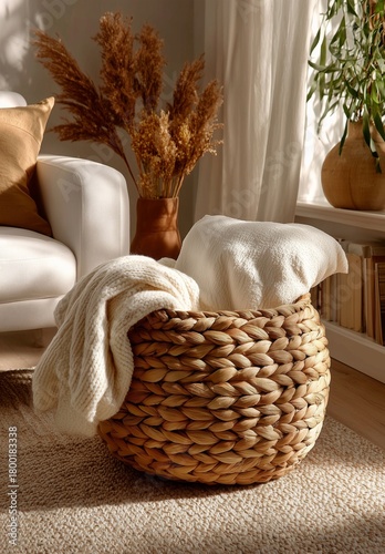 Cozy Woven Basket With Blankets in Sunlit Living Room Surrounded by Warm Deco...