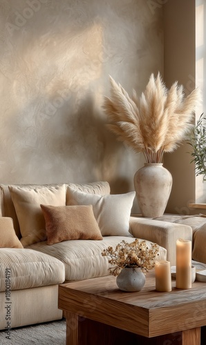 Cozy Living Room With Warm Tones and Pampas Grass Decoration in Soft Afternoo...
