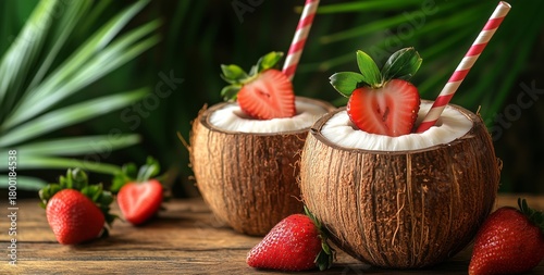 Refreshing Coconut Drinks Garnished With Strawberries in a Tropical Setting D...