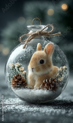 Cute Rabbit in a Glass Ornament Surrounded by Winter Decorations and Snow