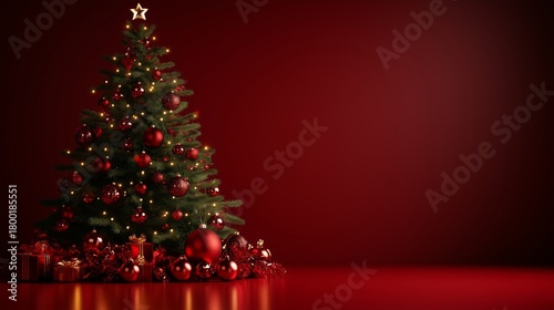 Elegant Christmas Tree Decorated With Red Ornaments and Lights in a Cozy Holi...
