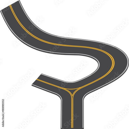 Smooth curving asphalt highway with yellow center lines and a Y-shaped split intersection, modern road layout illustration for transportation, mapping, and infrastructure design